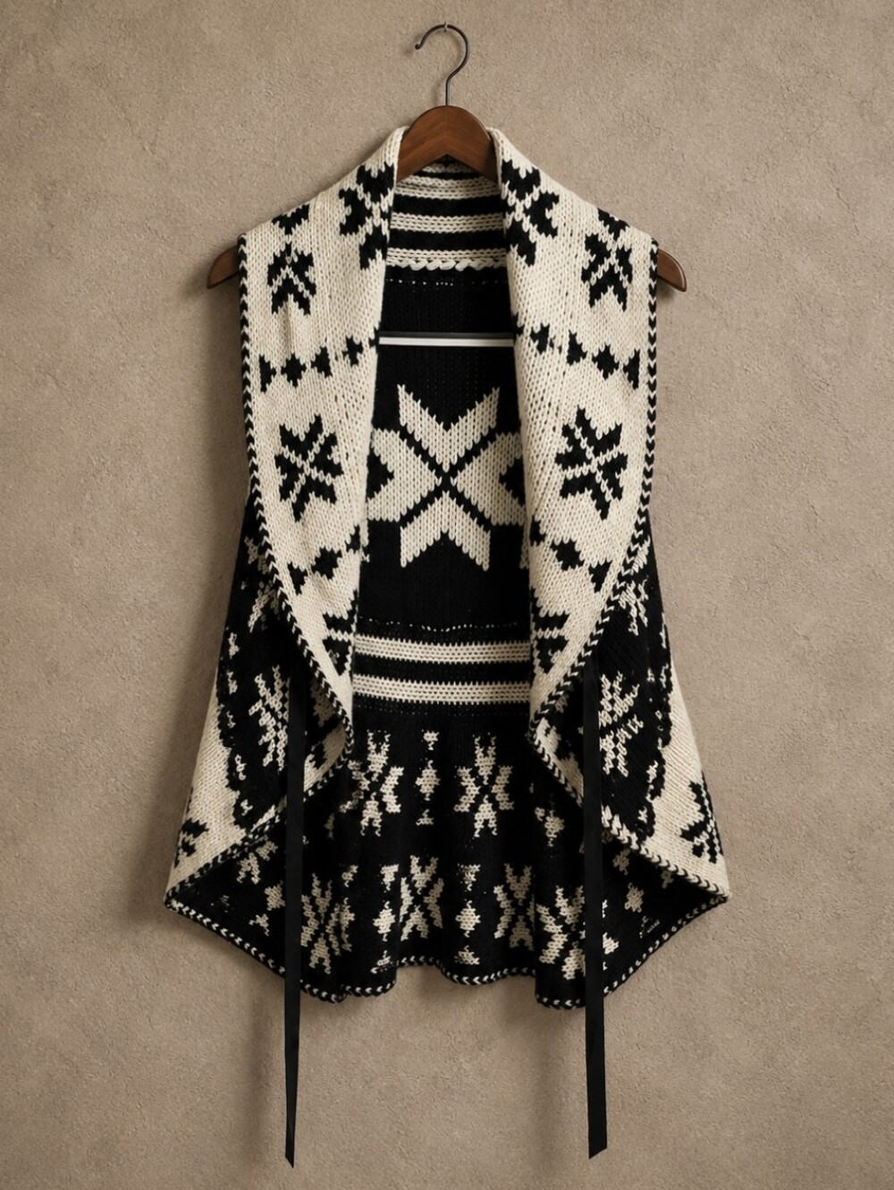Elan Vintage Reversible Black and Cream Nordic Knit Vest with Tie Waist